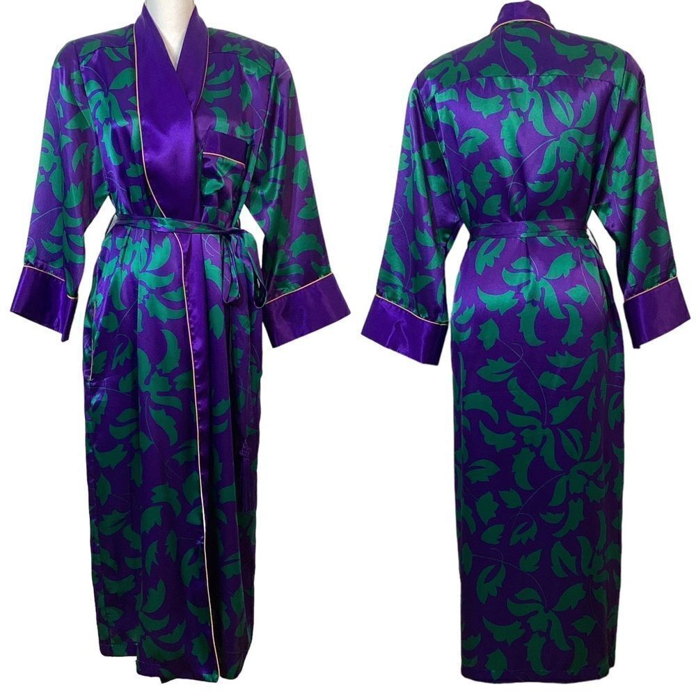 Vintage Victoria’s Secret Gold Label Floral Robe S Purple Green Tassel Belt